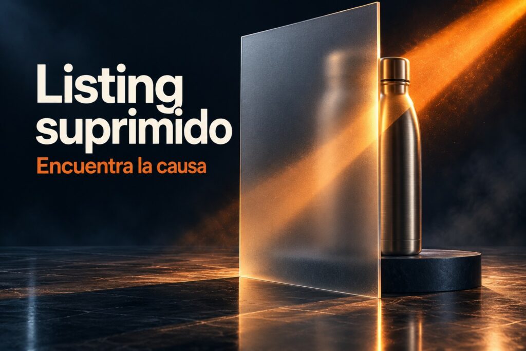 Producto parcialmente oculto tras un cristal esmerilado y atravesado por un haz naranja, como metáfora del diagnóstico de un listing suprimido