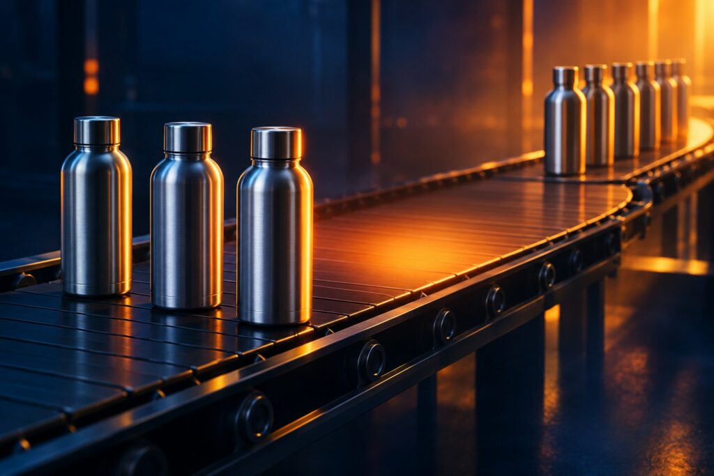 Tres botellas metálicas sobre una cinta con un hueco de inventario y un nuevo lote al fondo, iluminados en azul y naranja